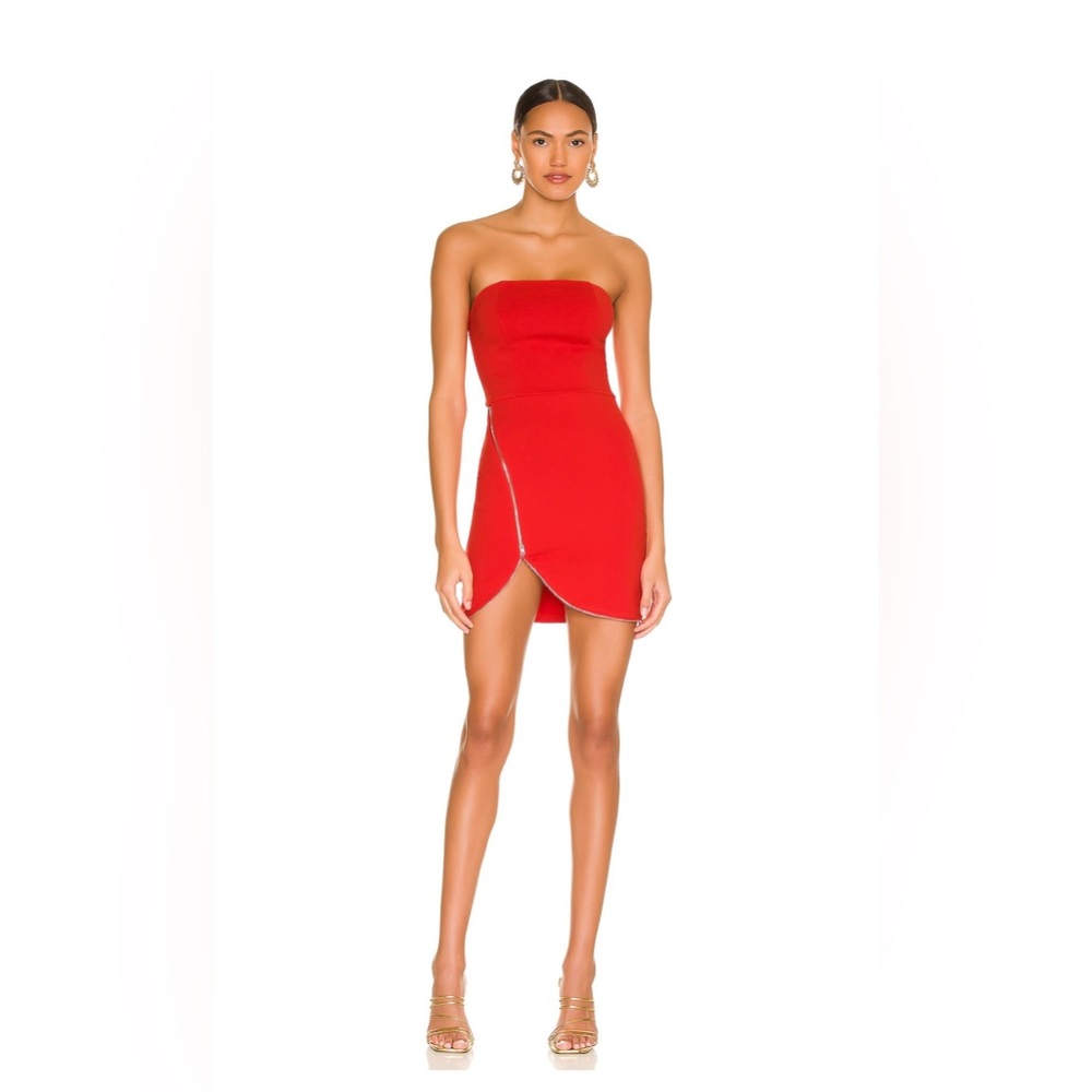 superdown Strapless Red Mini Dress with Asymmetric Zip Skirt